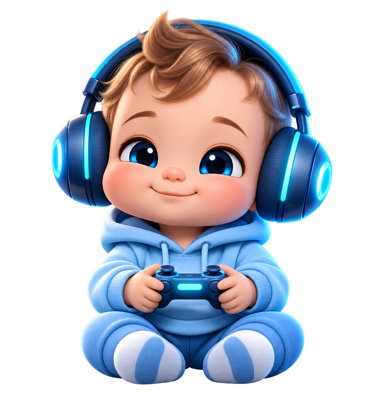 Calm baby gamer mascot wearing blue headphones